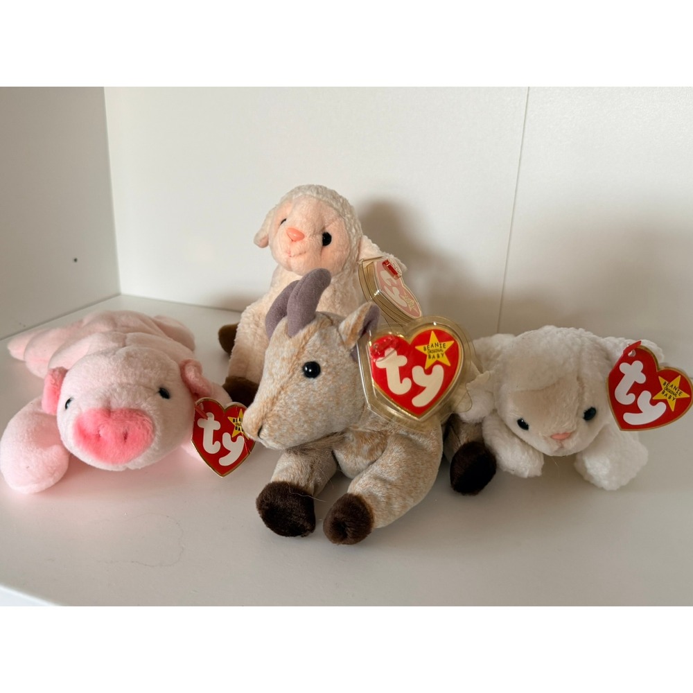 Ty Beanie Babies Farm Animal Set 4 Squealer Pig Goatee Goat Ewey & Fleece Lamb